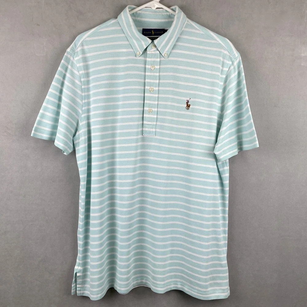 Ralph Lauren Knit Oxford Polo Button Shirt Men L Green Striped Cotton Preppy EUC
